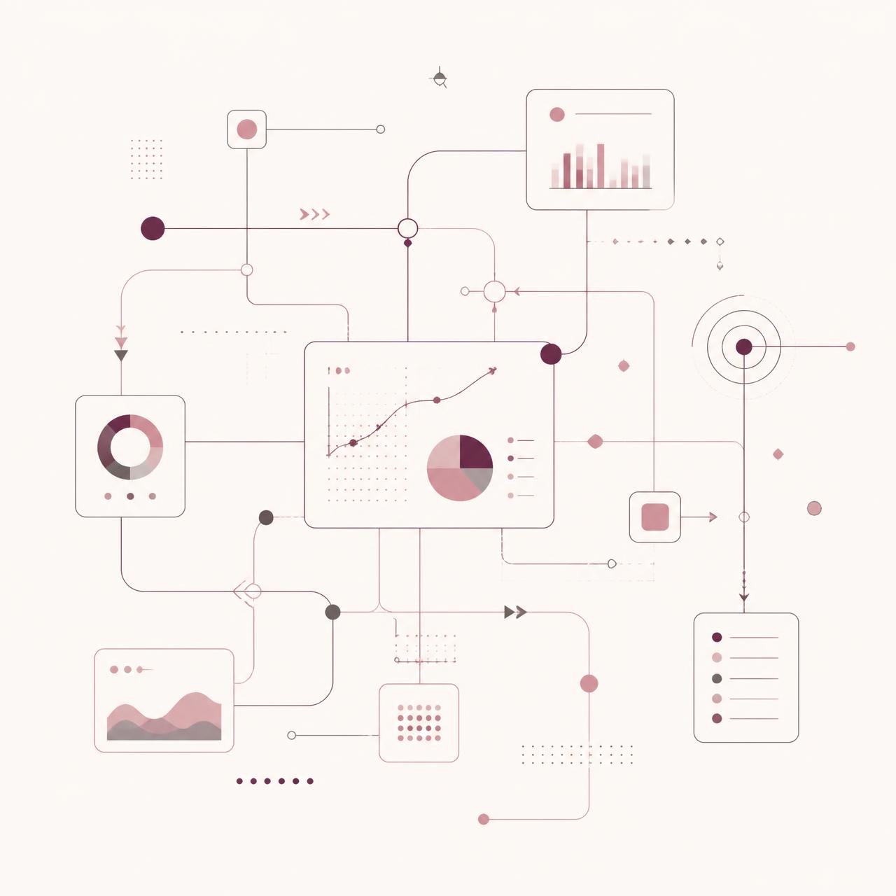 Abstract diagram of connected business systems, workflows, dashboards and automated hand-offs